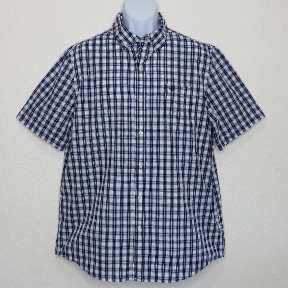 Chaps* Men's Short Sleeve Button Down Curved Hem Pocket Plaid Shirt~ Large
